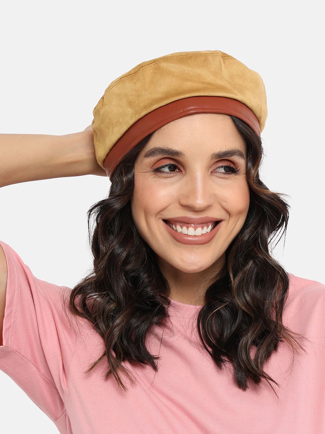 Contrast Texture Beret Hat - Beige & Brown - Image 3