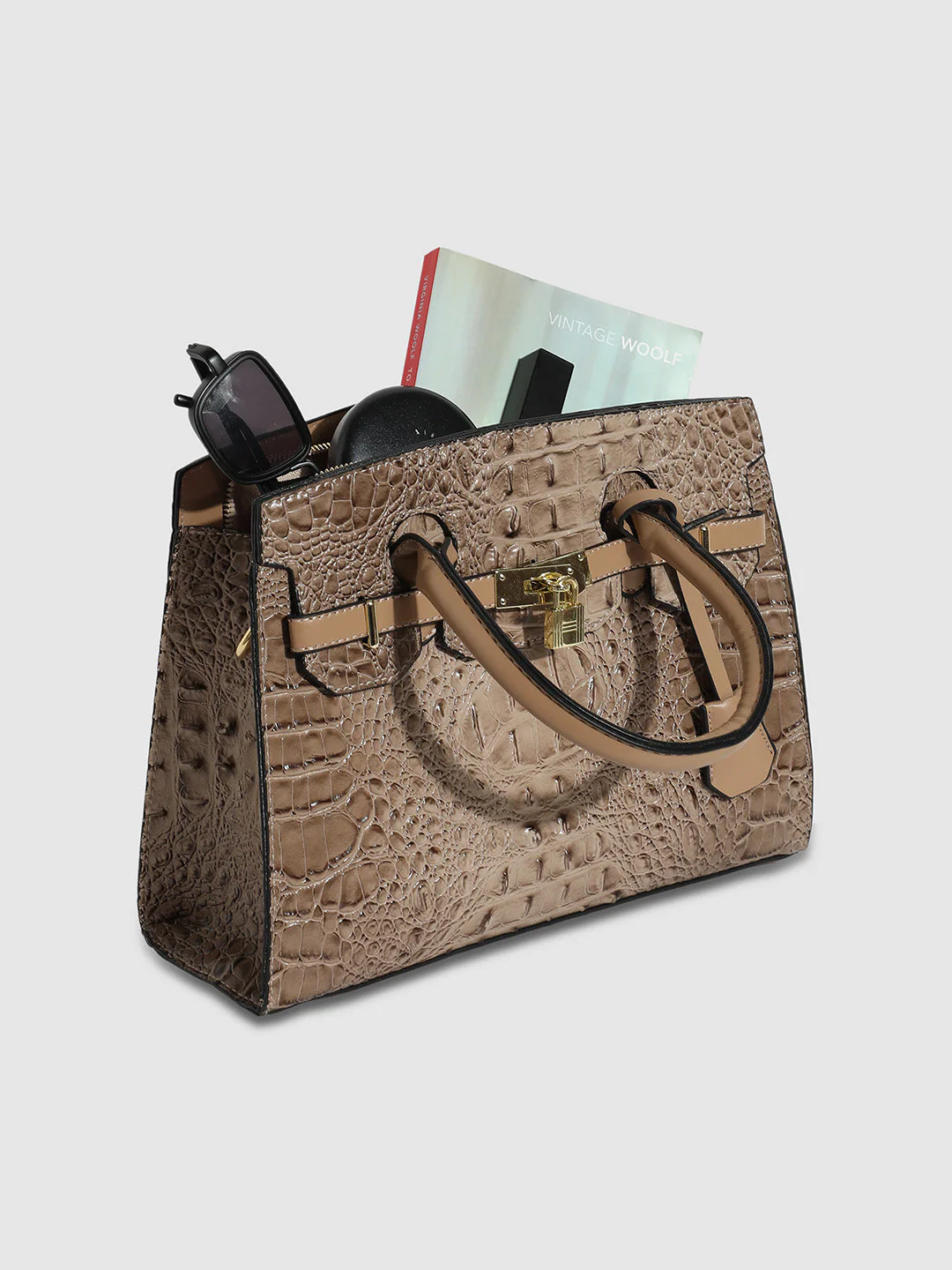 Lock Buckle Handbag - Beige - Image 6