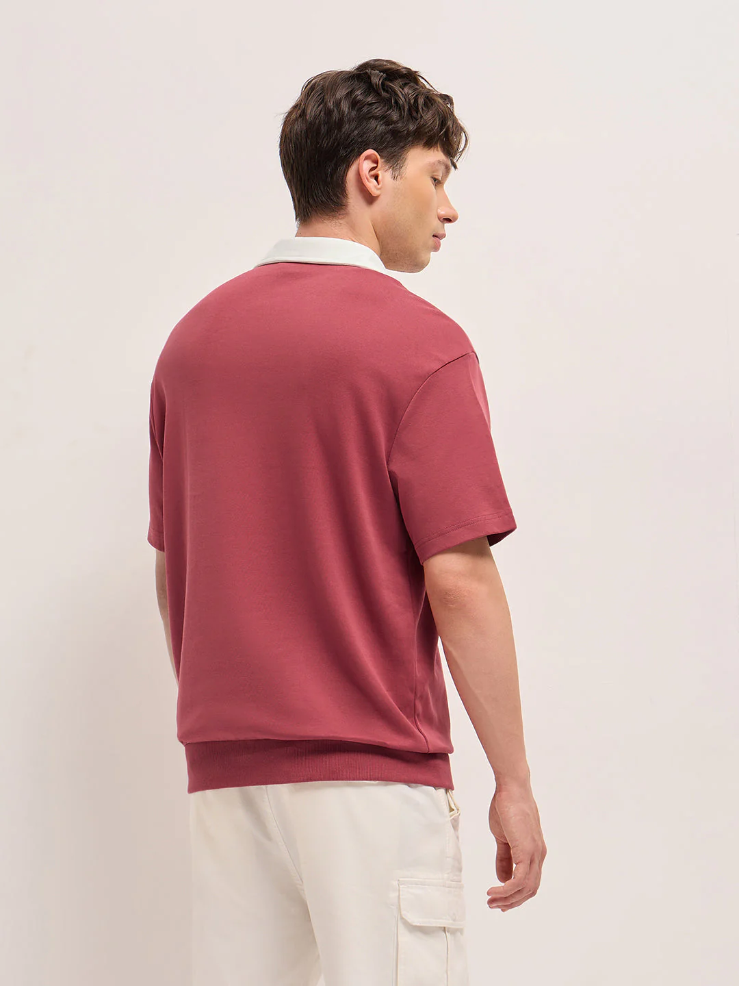 Red Solid Relax Fit Polo with Contrast Collar and Hidden Button Placket - Image 2