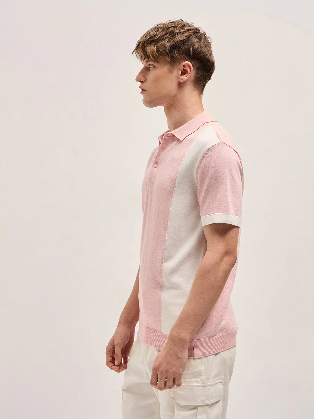 Pink & White Color Block Knit Design Regular Fit Polo - Image 3