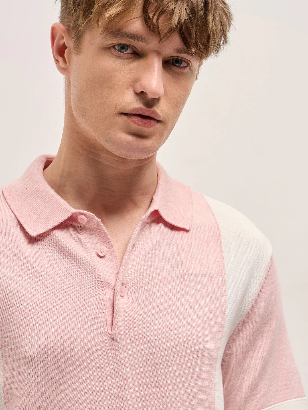 Pink & White Color Block Knit Design Regular Fit Polo - Image 5