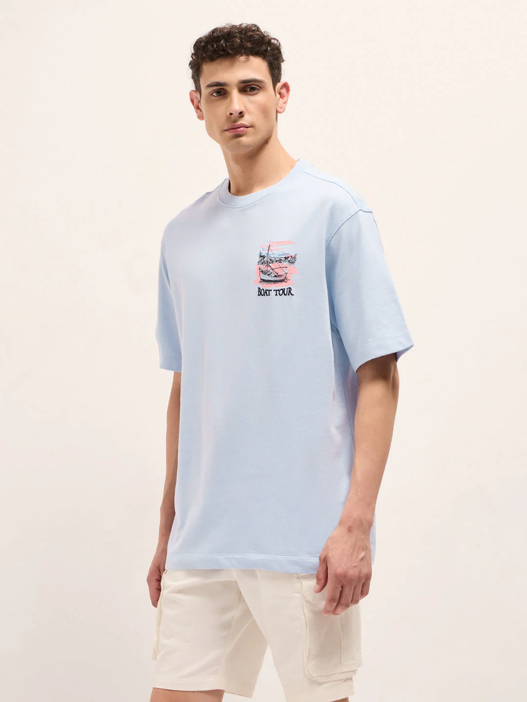 Light Blue Oversized Crew Neck T-Shirt with Back Boat Tour Scenic Graphic Print - Image 2