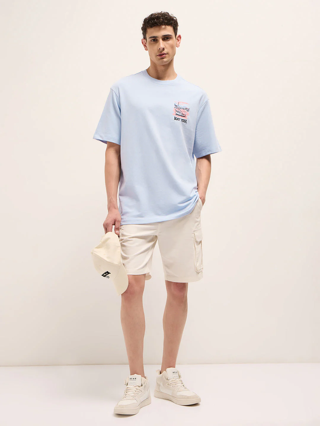 Light Blue Oversized Crew Neck T-Shirt with Back Boat Tour Scenic Graphic Print - Image 4