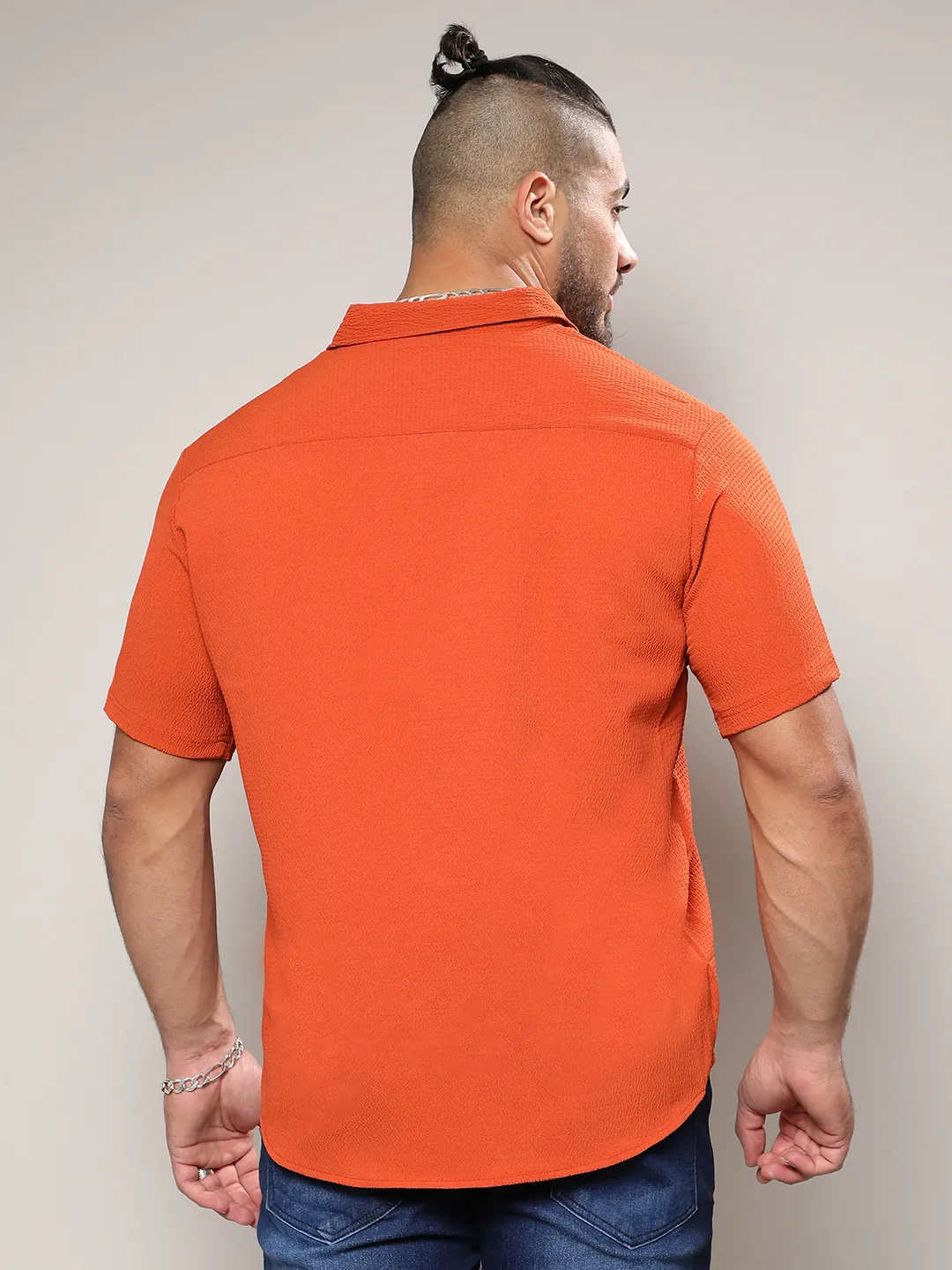 Burnt Orange Textured Casual Shirt - Image 3