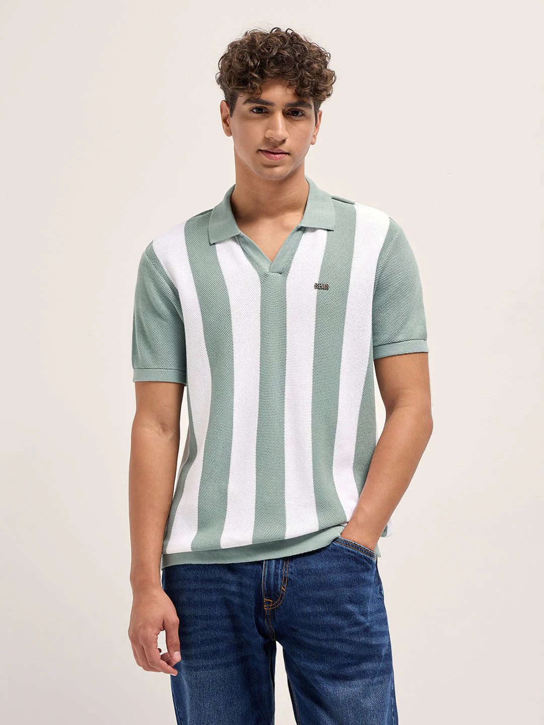 Green and White Bold Vertical Stripe Knit Regular Fit Polo - Image 6