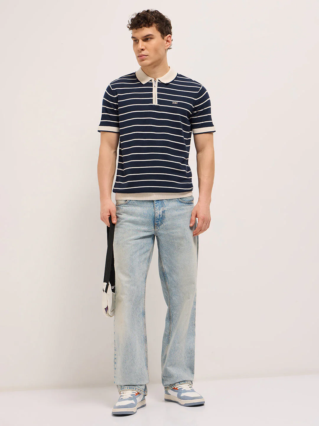 Navy Blue Slim Fit Polo with Contrast Collar and Horizontal Flat Knit Stripes - Image 3