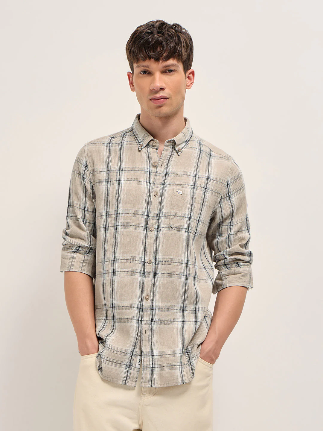 Beige Cotton Check Slim Fit Casual Shirt - Image 6