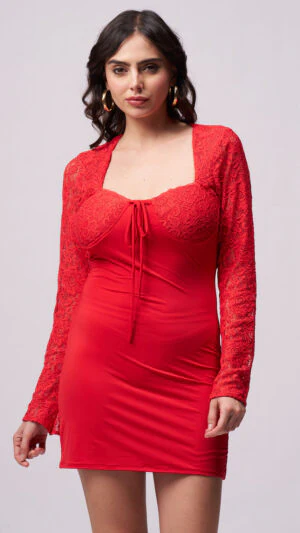 Lacey Bodycon Red Devil Mini , Detail Lace Long Sleev Mini Dress - Image 4
