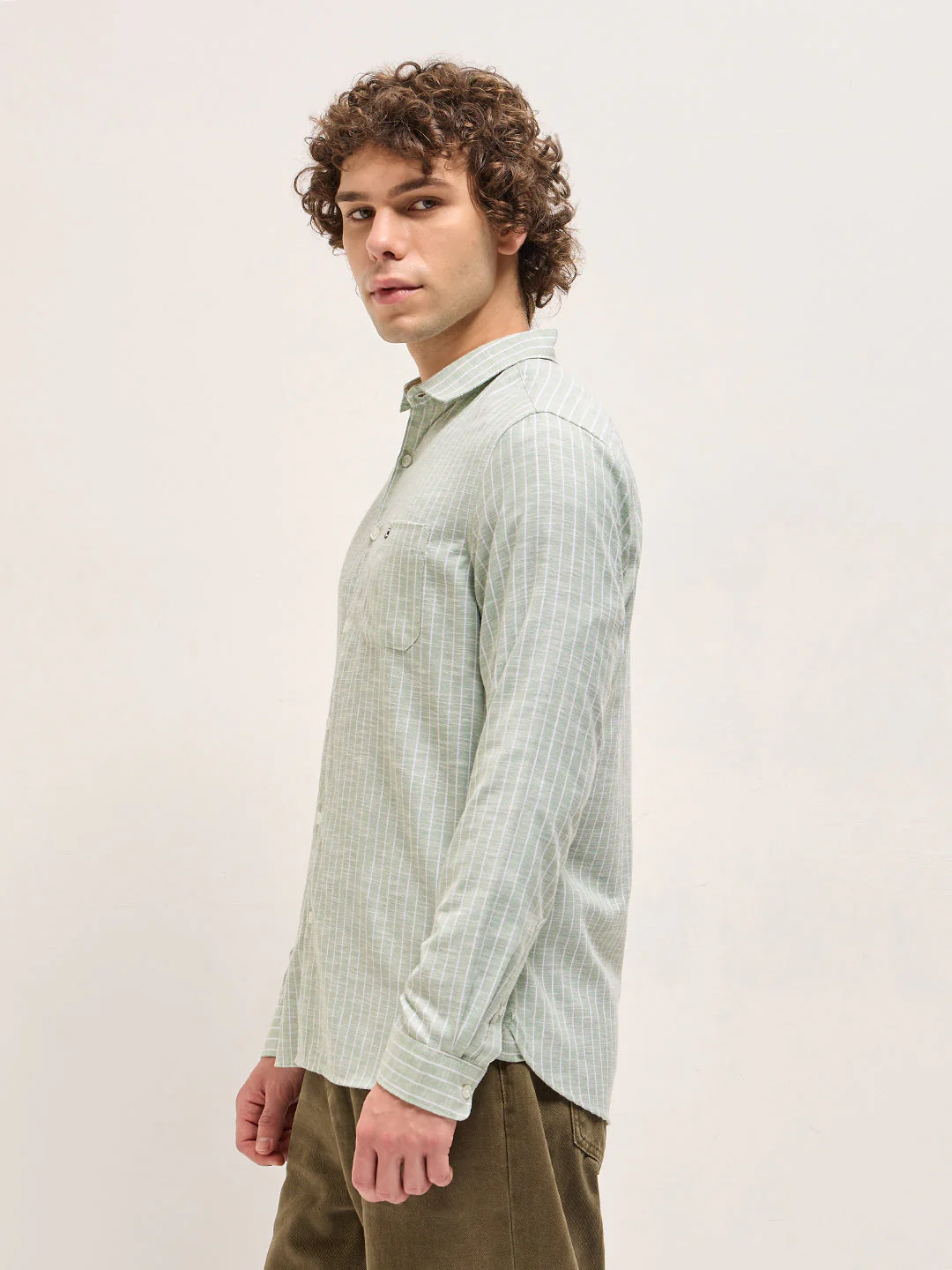 Light Green with White Stripes Slim Fit Casual Shirt - Image 3