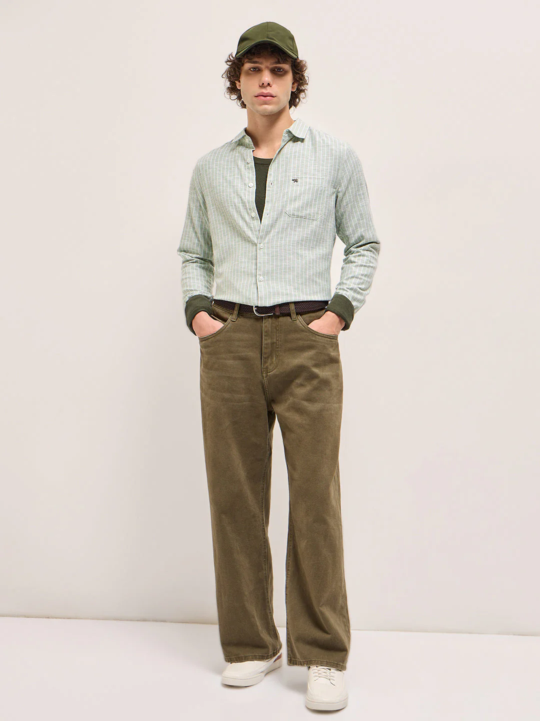 Light Green with White Stripes Slim Fit Casual Shirt - Image 4