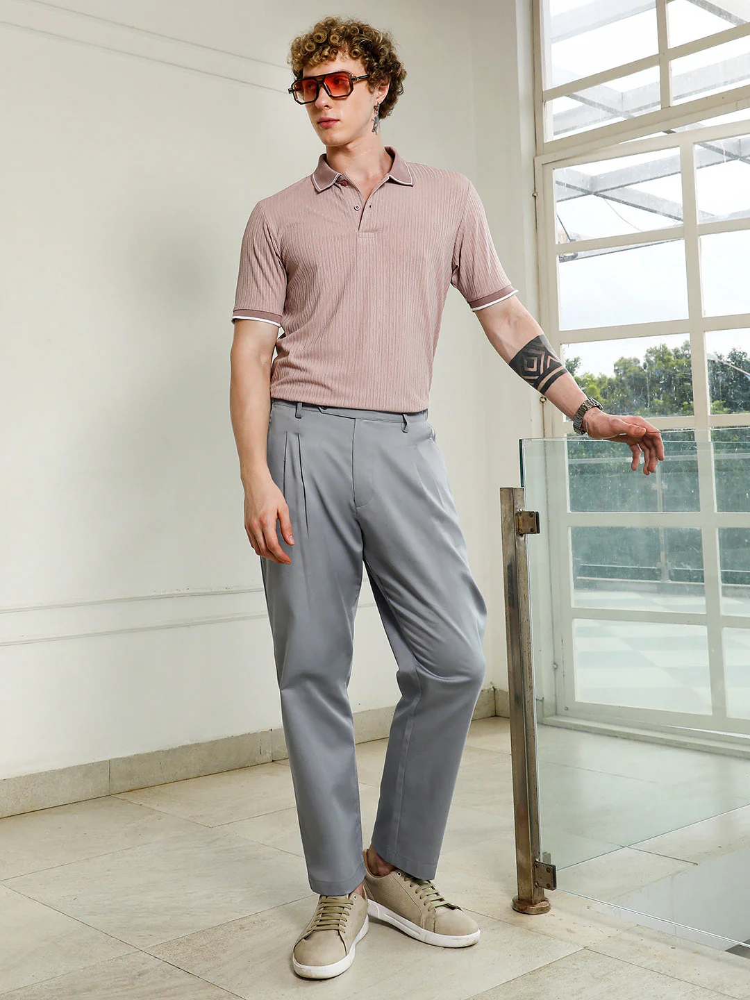 Light Pink Textured Polo T-shirt with Contrast Detailing - Image 6