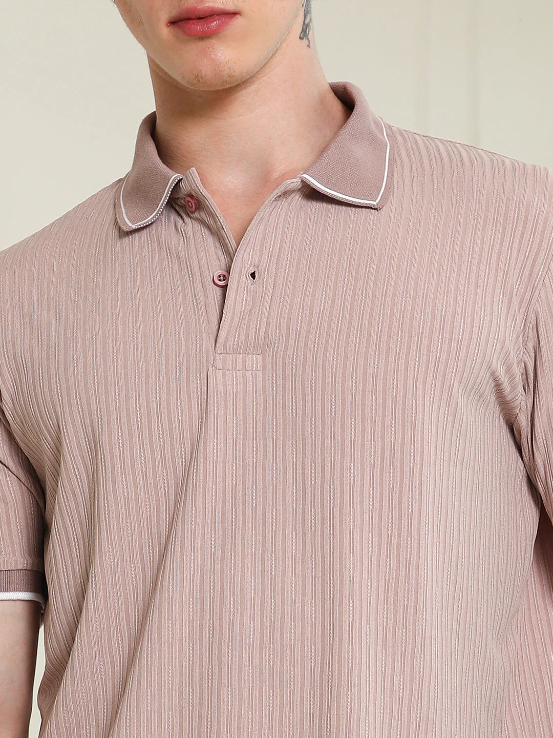 Light Pink Textured Polo T-shirt with Contrast Detailing - Image 7
