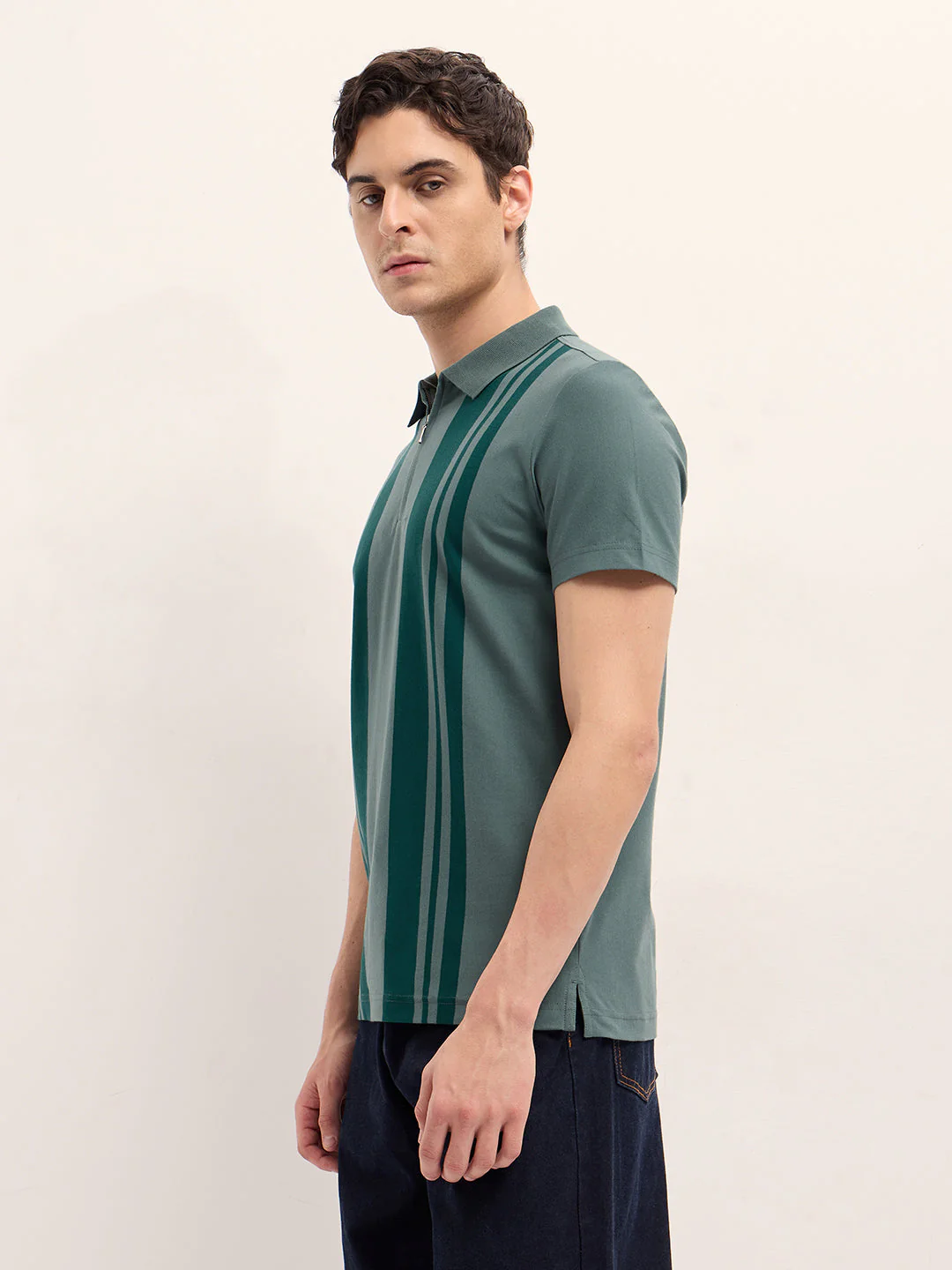 Green with Dark Green Stripe Design Regular Fit Polo with Zipper Placket - Image 3