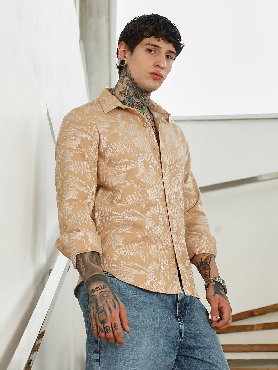 Beige Abstract Printed Full Sleeve Shirt - Image 3
