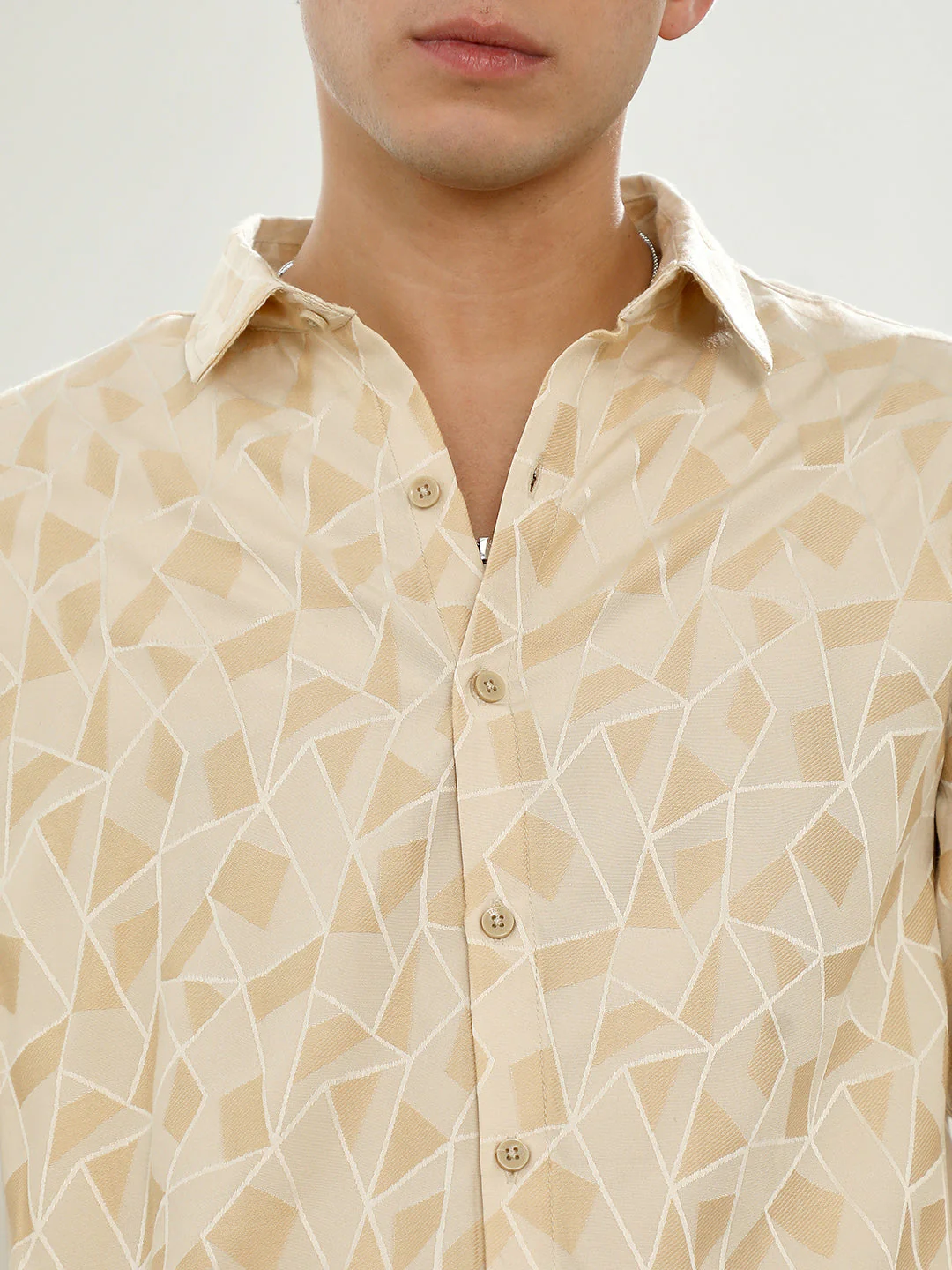 Beige Geometric Pattern Cotton Blend Full Sleeve Shirt - Image 7
