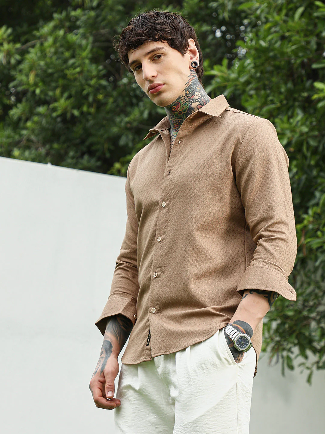 Beige Textured Cotton Blend Full Sleeve Shirt - Image 3