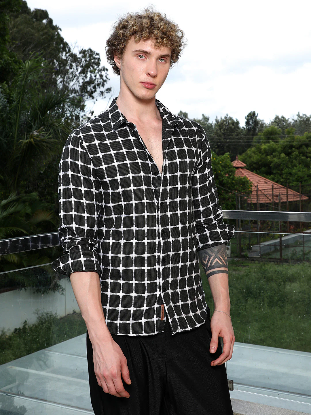 Black And White Checkered Cotton Shirt - Tailored Fit, Full Sleeves - Image 3