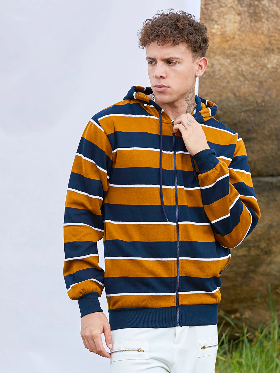 Men's Horizontal Striped Zip-Front Hoodie - Image 2