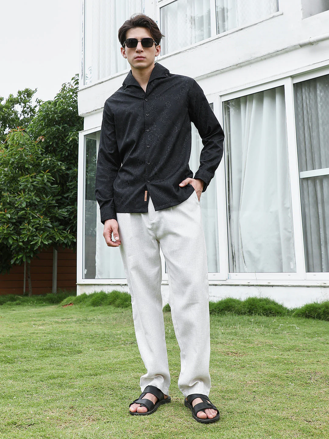 Black Floral Self Design Full Sleeve Shirt - Image 6