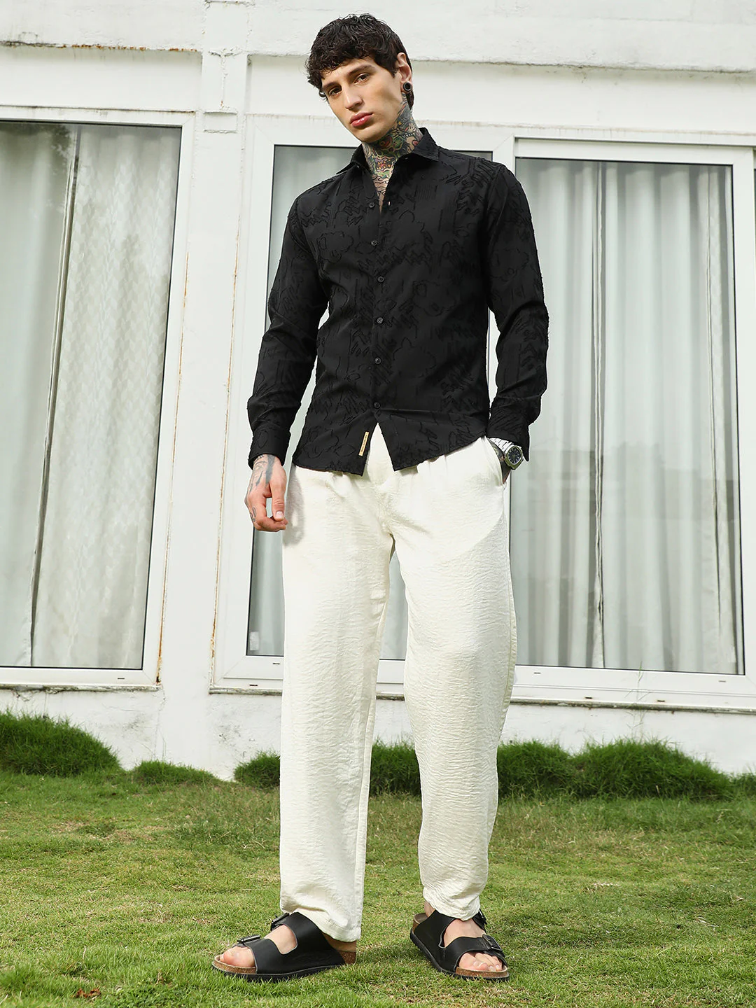 Black Self-Design Cotton Blend Slim Fit Shirt - Image 10