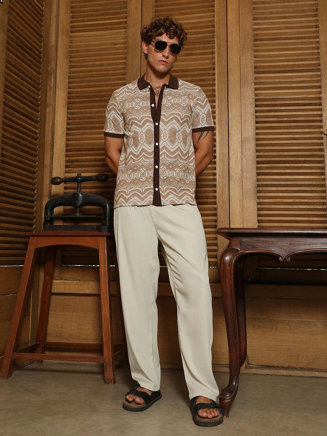 Brown Geometric Pattern Polo Collar Shirt - Image 6