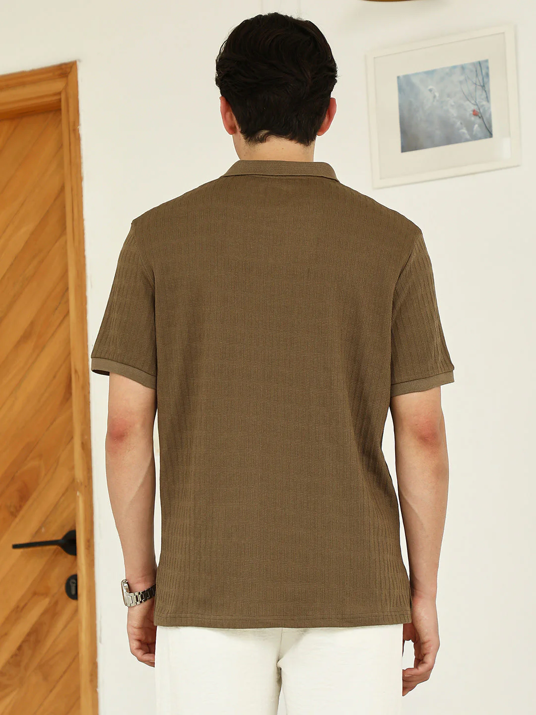 Brown Textured Polo T-shirt - Poly Spandex Blend - Image 4