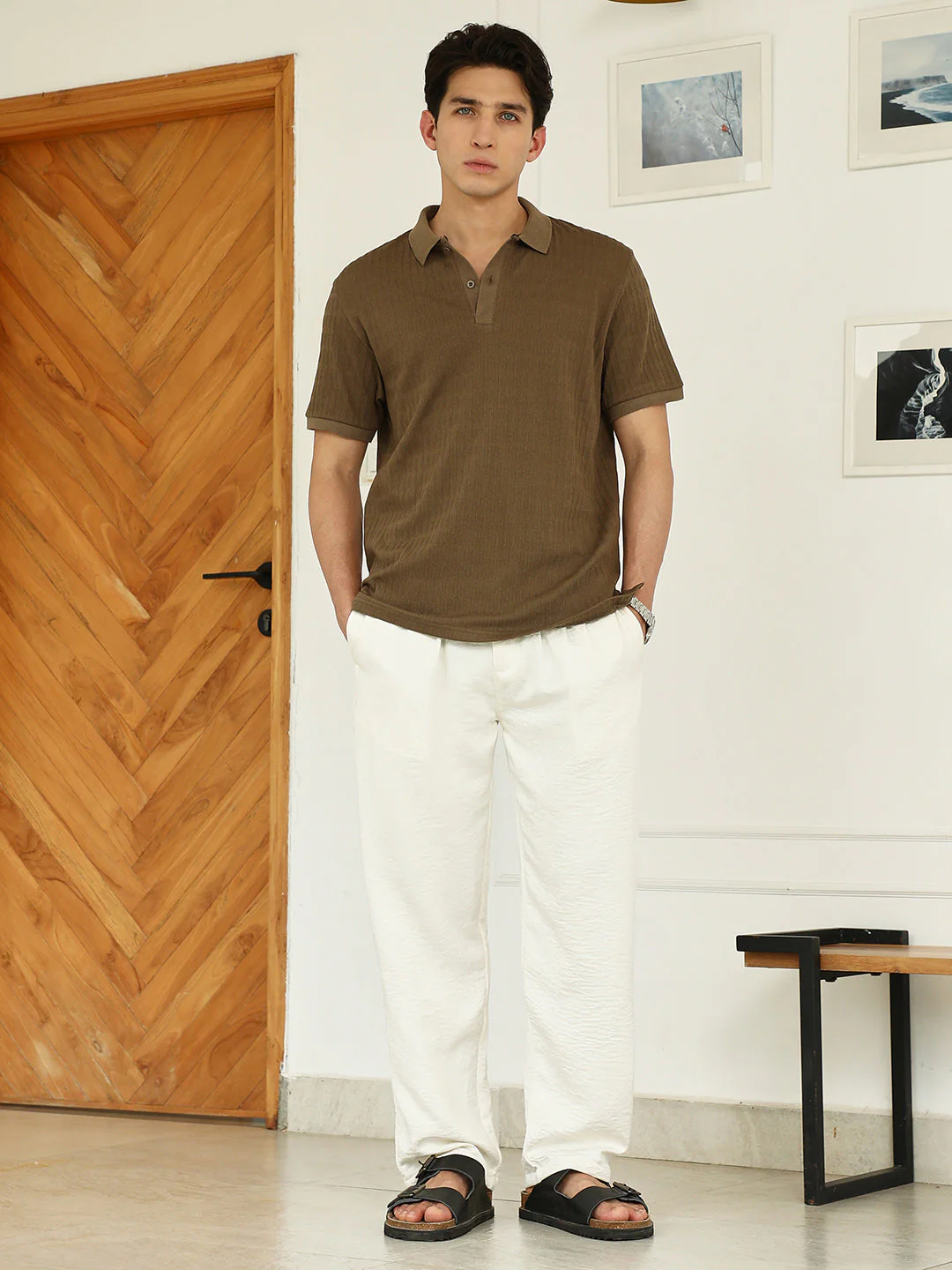 Brown Textured Polo T-shirt - Poly Spandex Blend - Image 5
