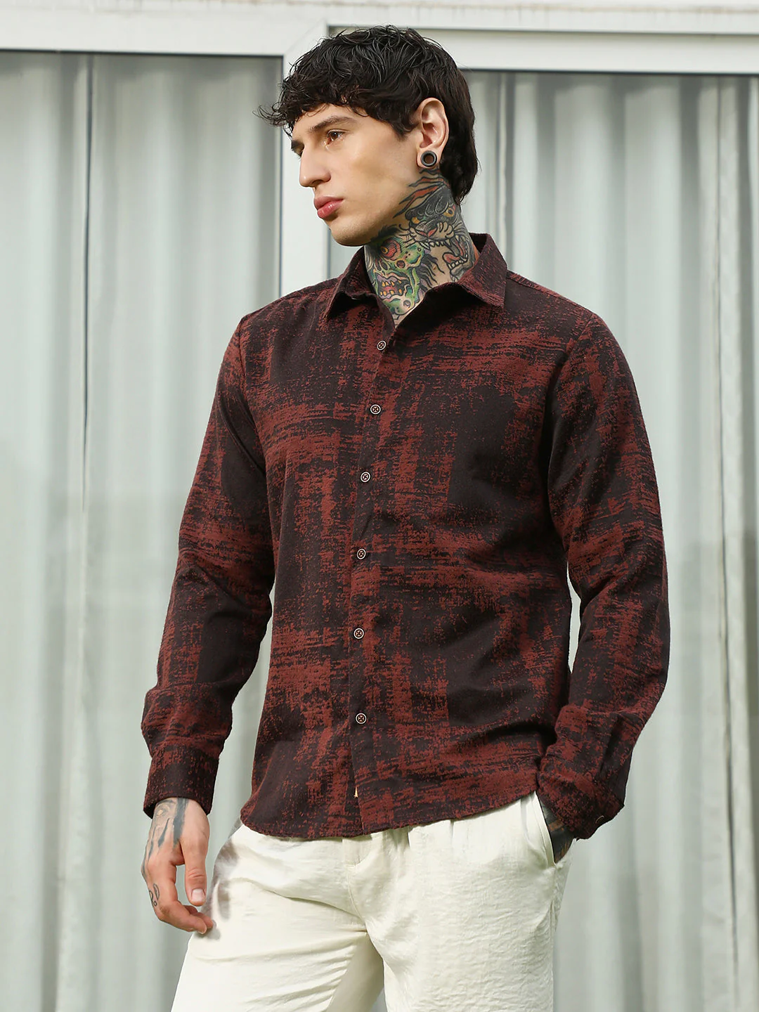 Burgundy Abstract Pattern Full Sleeve Shirt - Image 3
