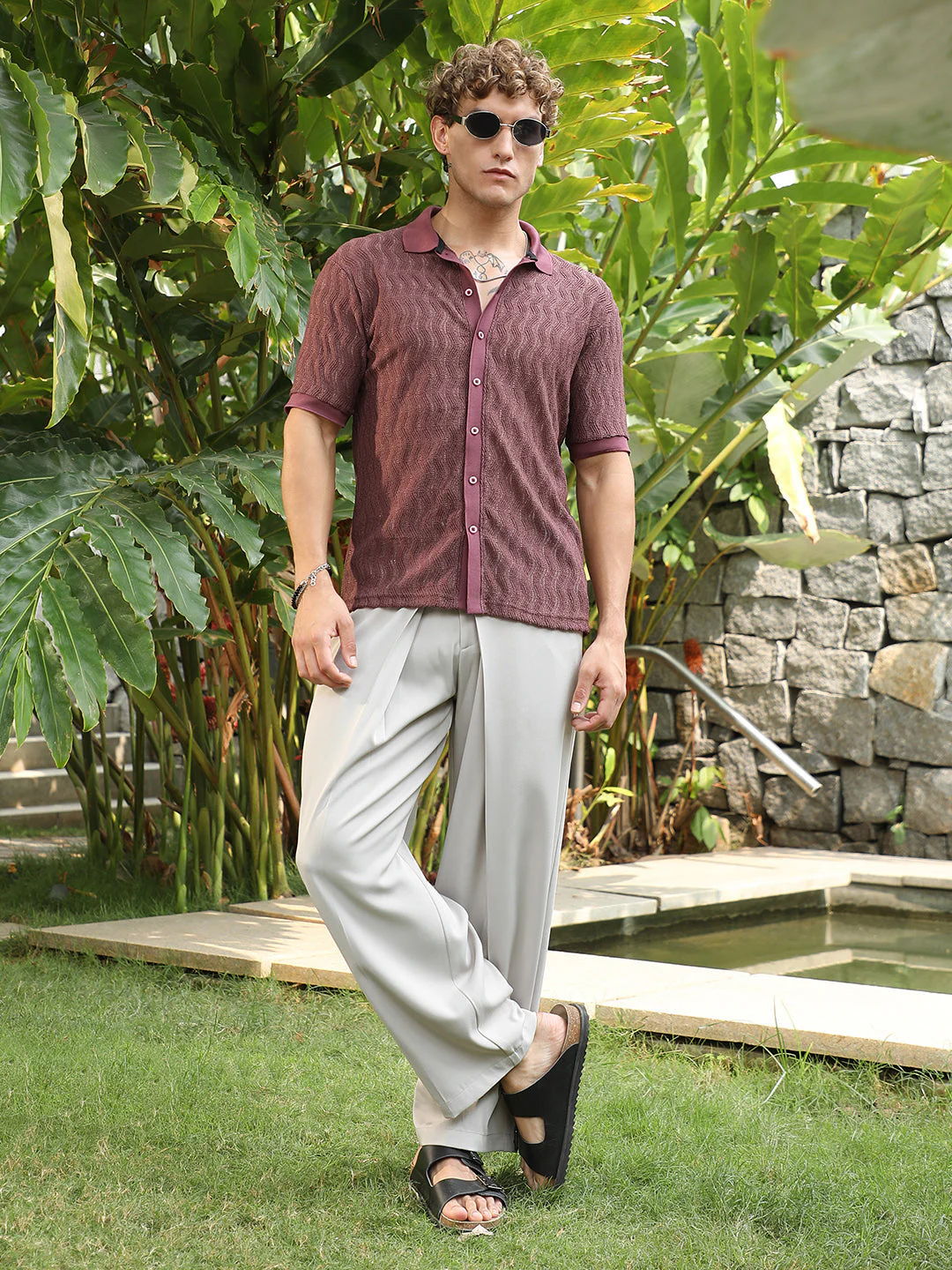 Burgundy Textured Cuban Collar Shirt - Image 6