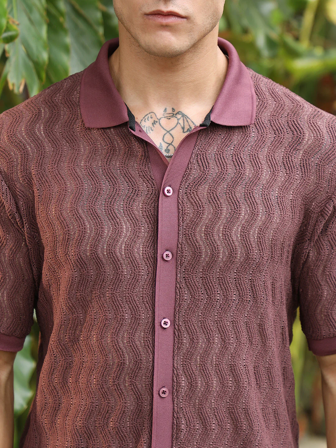 Burgundy Textured Cuban Collar Shirt - Image 7