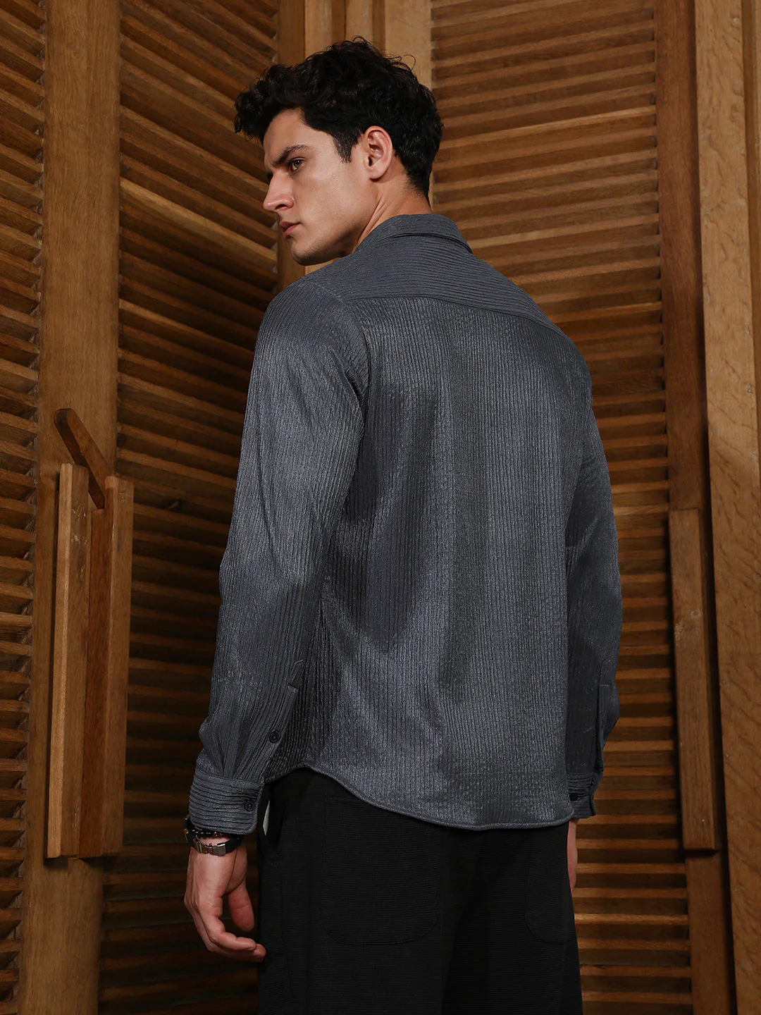 Charcoal Grey Solid Creased Shirt - Image 4