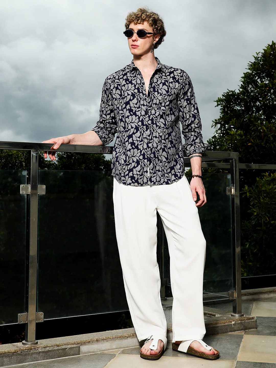 Dark Blue Floral Cotton Poly Casual Shirt - Image 6