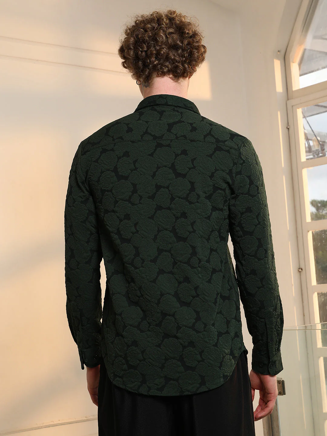 Dark Green Textured Floral Cotton Blend Shirt - Image 4