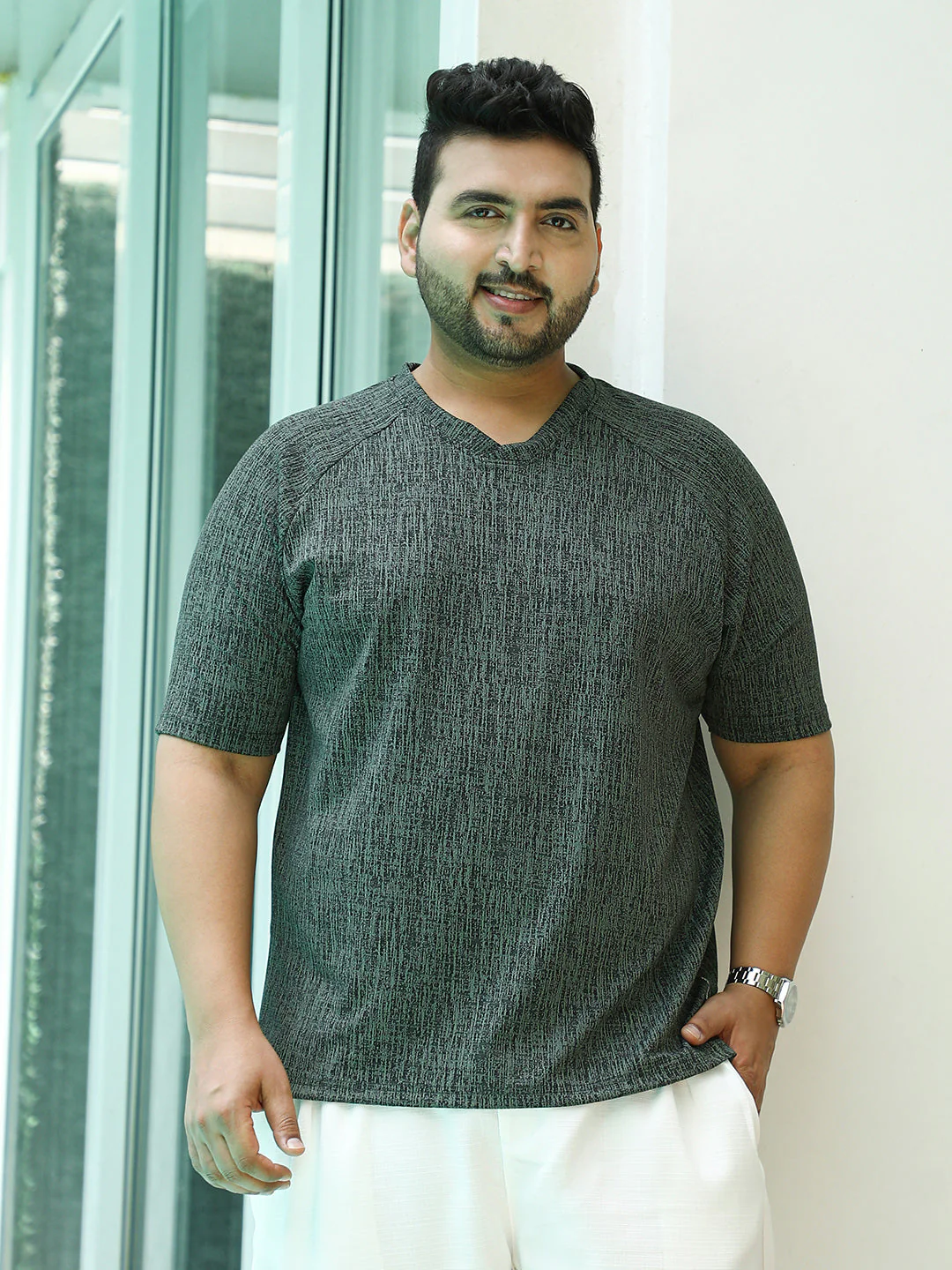 Contrast-Heathered Knitted T-Shirt - Image 2
