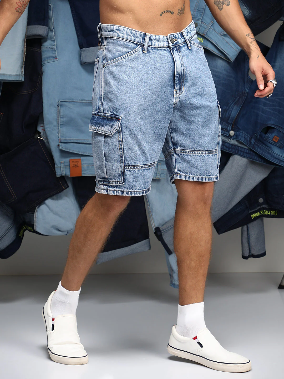 Acid-Wash Utility Denim Shorts - Image 3