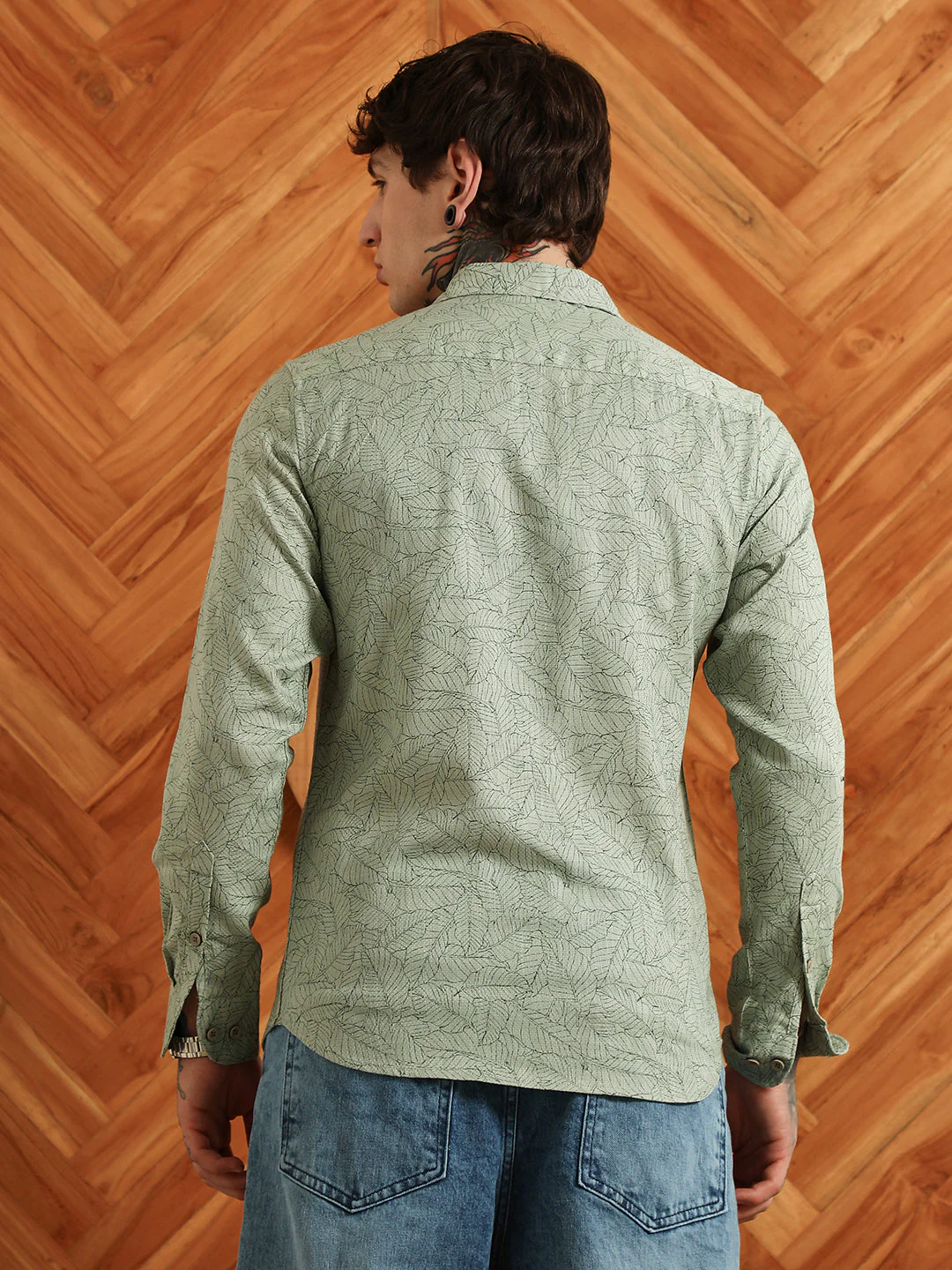 Light Green Leaf Pattern Slim Fit Shirt - Image 4
