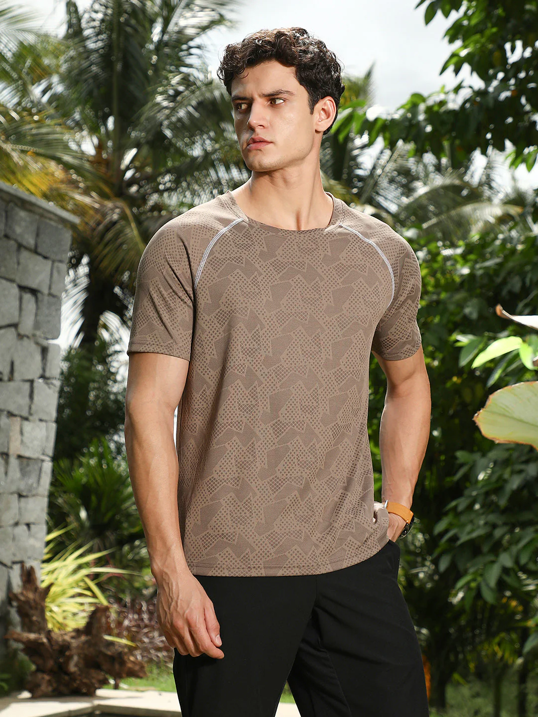 Mocha Brown Abstract-Imprint Activewear T-Shirt - Image 3