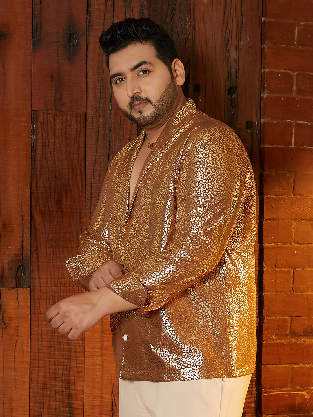 Metallic Shawl Collar Relaxed Shirt - Image 3