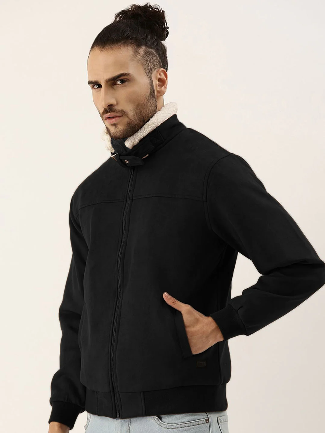 Fur-Lined Suede Bomber Jacket - Image 3