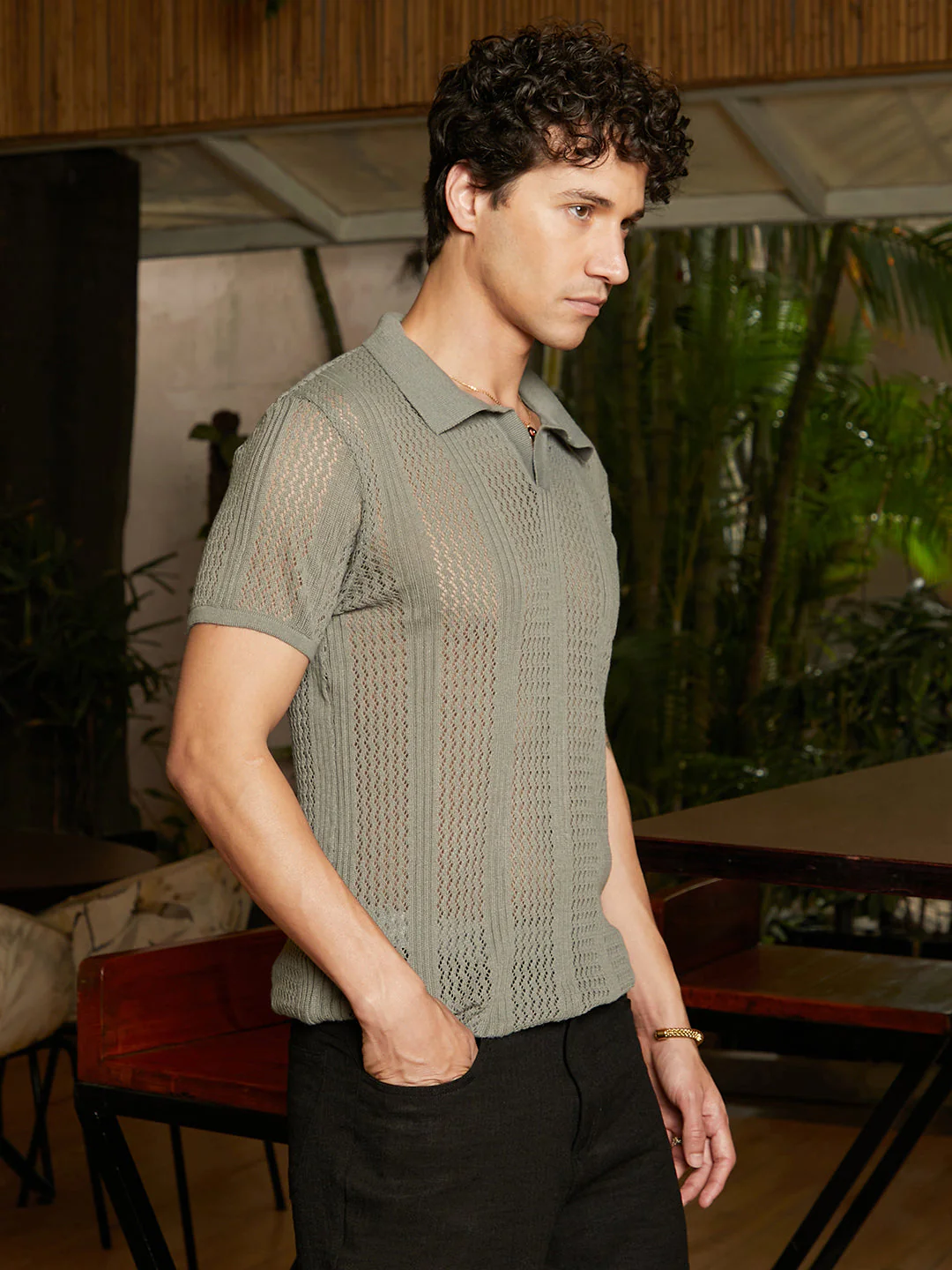 Chevron-Lined Textured Polo T-Shirt - Image 3