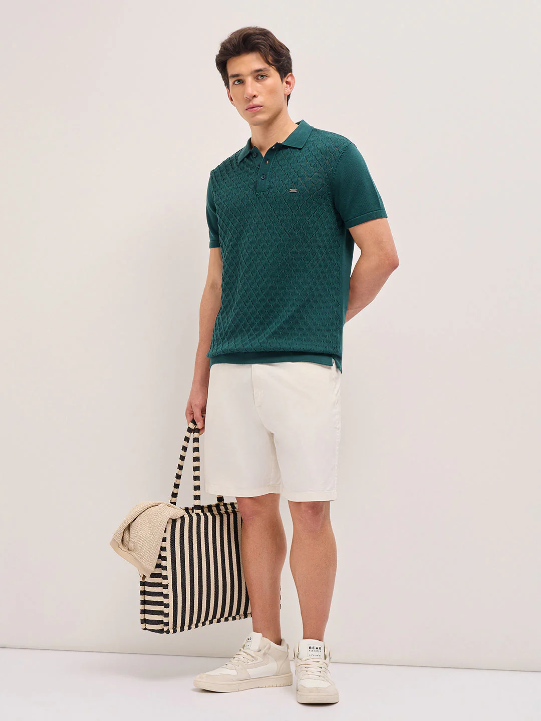 Green Slim Fit Diamond Textured Flat Knit Polo with Transparent Effect - Image 4