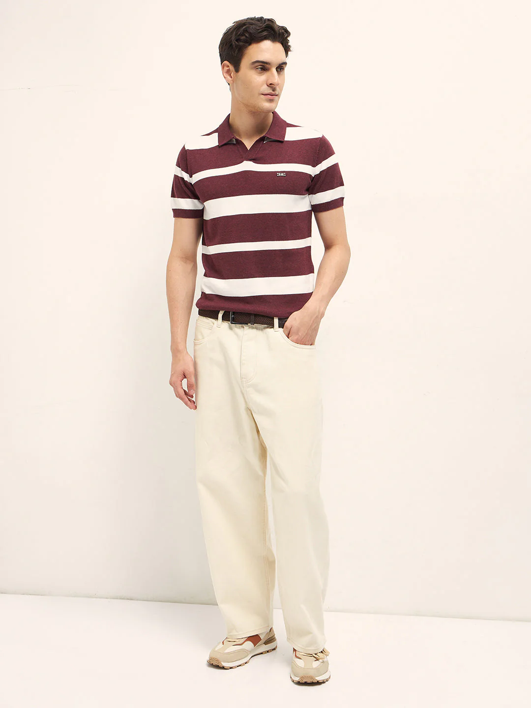Maroon and White Horizontal Stripes Slim Fit Polo - Image 4