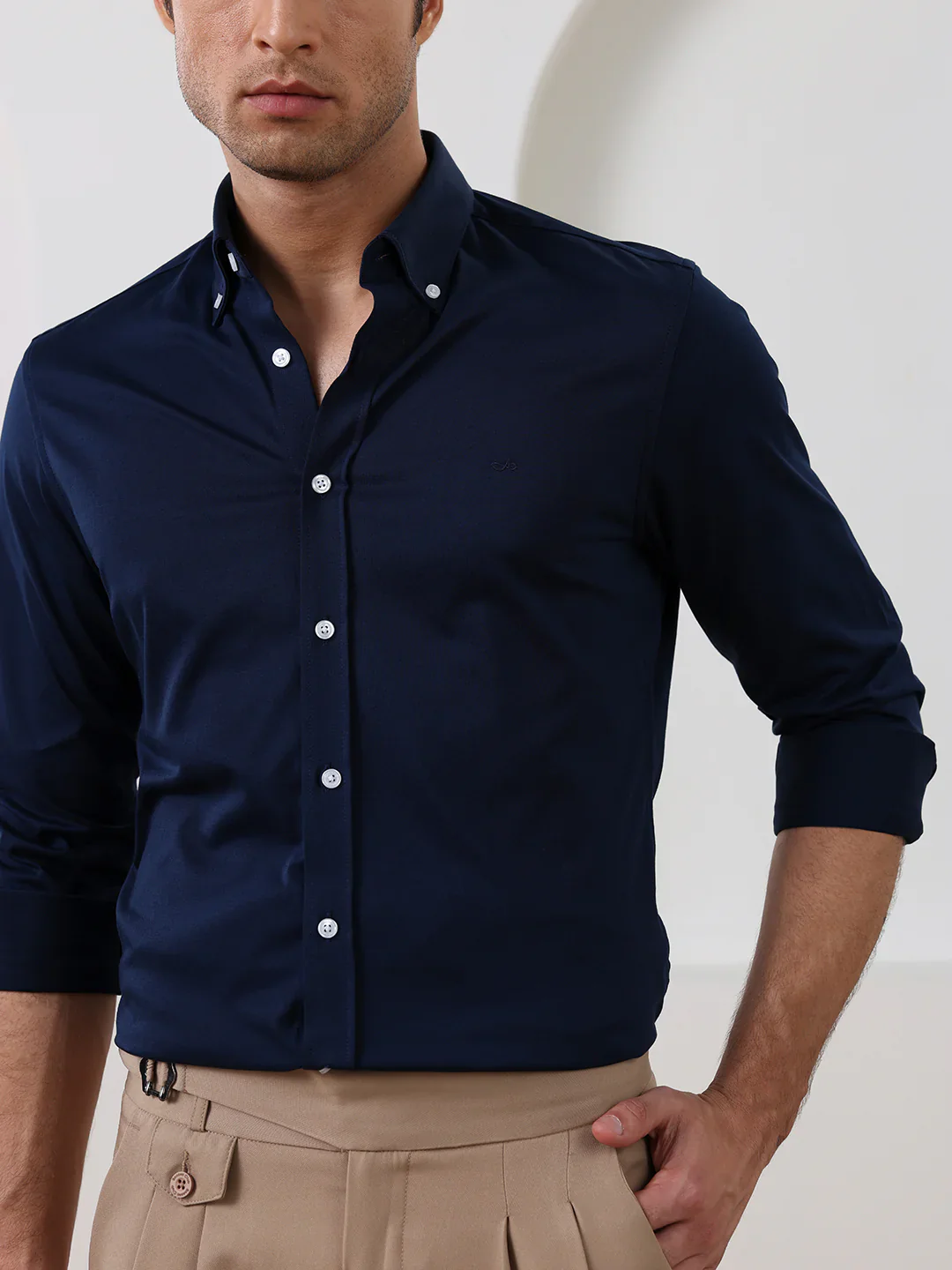 Navy Blue Slim Fit Solid Formal Cotton Shirt - Image 5