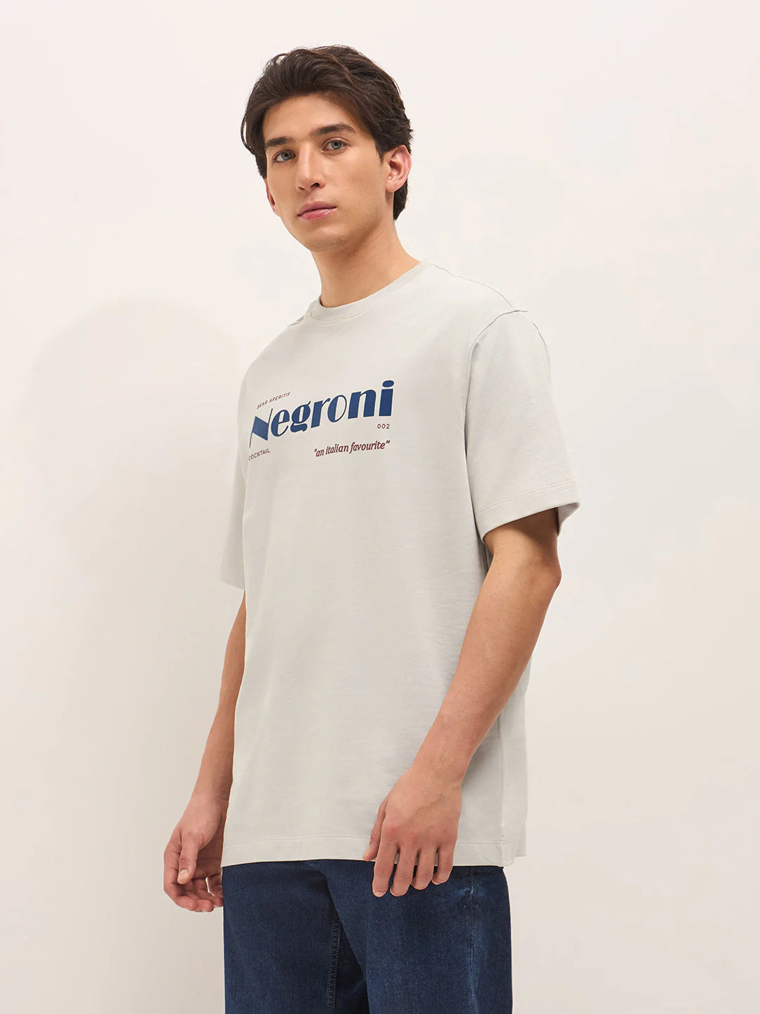 Grey Crew Neck Graphic Print T-Shirt with Negroni Cocktail Illustration on Back