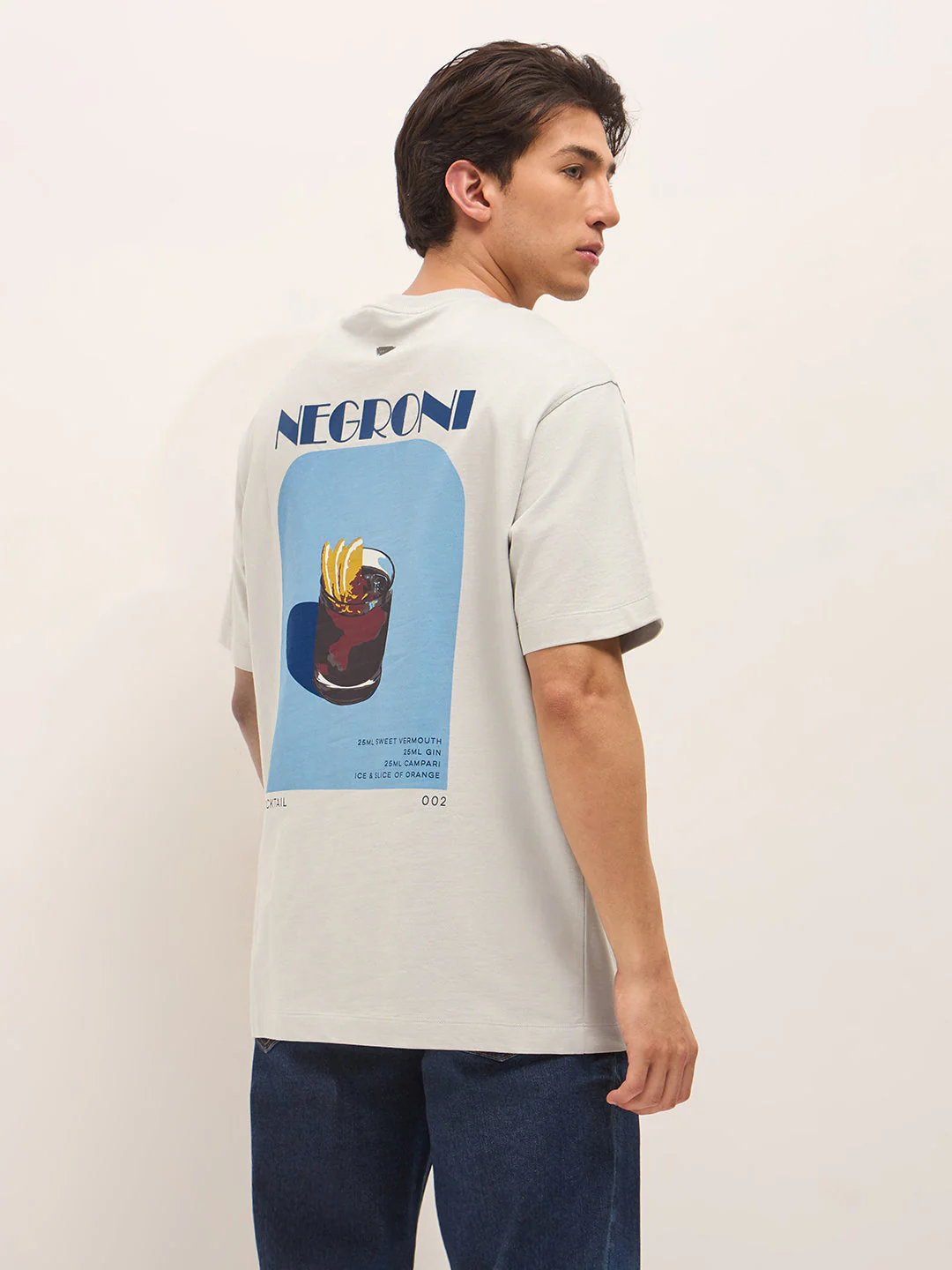 Grey Crew Neck Graphic Print T-Shirt with Negroni Cocktail Illustration on Back - Image 2