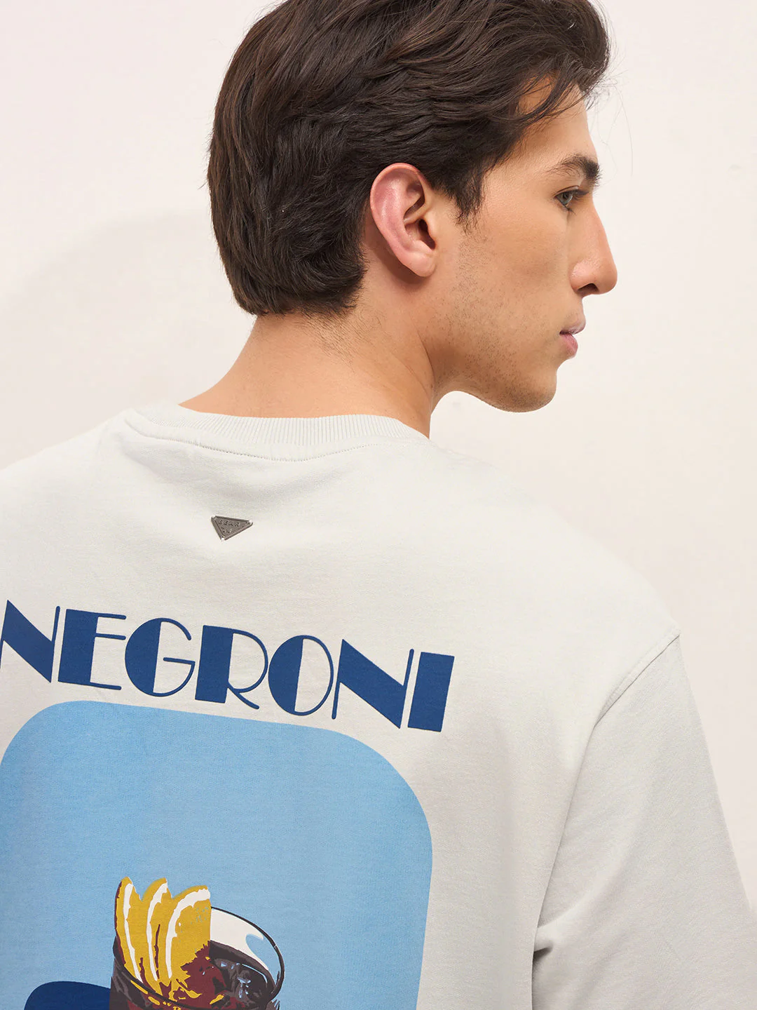 Grey Crew Neck Graphic Print T-Shirt with Negroni Cocktail Illustration on Back - Image 5