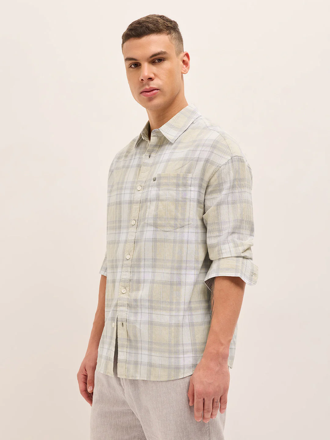 Light Green Woven Checked Relaxed Fit Casual Shirt - Image 3