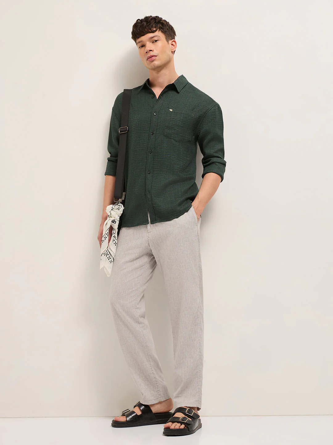 Olive Textured Relaxed Fit Casual Shirt - Image 4