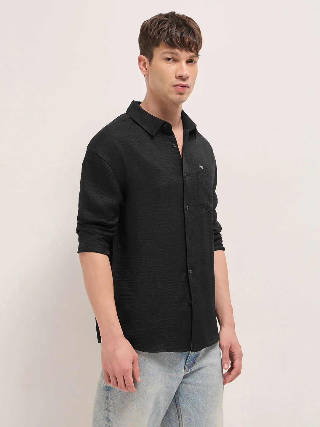 Black Textured Relaxed Fit Casual Shirt - Image 2