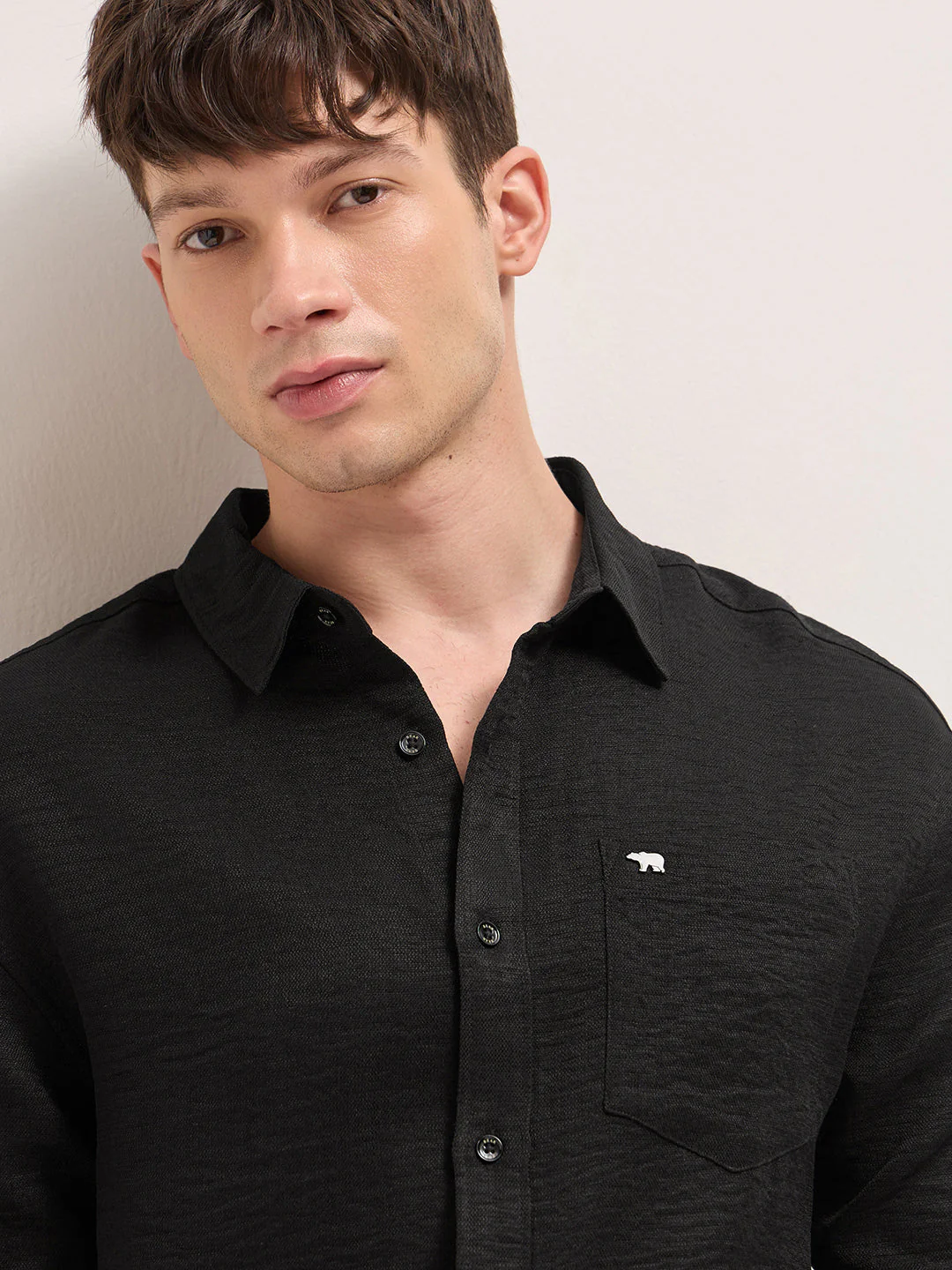 Black Textured Relaxed Fit Casual Shirt - Image 4